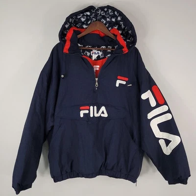 Vtg FILA Jacket Mens 2XL Navy Half Zip Hooded Anorak Pullover Big Logo Spell Out - Image 1 of 4