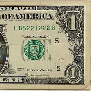 Five of a Kind 2s Fancy Serial Number One Dollar Bill E85221222B FW 2017 - Picture 1 of 8