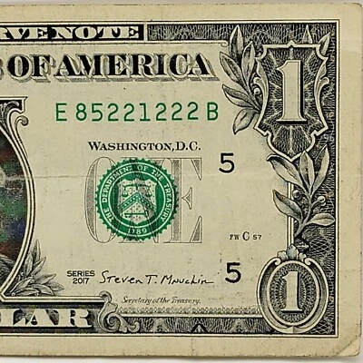 Five of a Kind 2s Fancy Serial Number One Dollar Bill E85221222B FW 2017 - Image 1 of 4