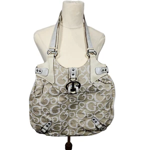 Vintage Guess Monogram Beige Hobo Bag Cotton Faux Leather Y2K Neutrals Shoulder - Picture 1 of 13