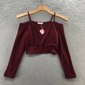 Romwe Cropped Cold Shoulder Top Womens Large Burgendy Cross Over Long Sleeve NEW - Picture 1 of 24