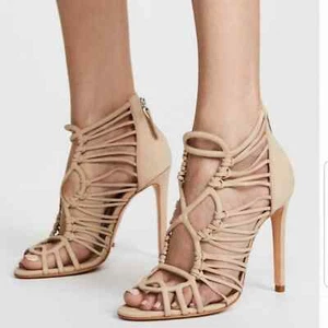 Tacones Naama Schutz Cuero Gamuza 9.5B Tirantes Cóctel Diseñador Desnudo Natural - Imagen 1 de 10