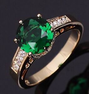 Size 8 Round Cut Emerald 18K Gold Filled Bridal Engagement Womens Rings