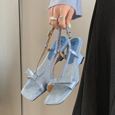 Sandalias de tacón de cuña de 5,5 cm estilo francés con moño y punta abierta cuadrada para mujer Foto 1 de 4