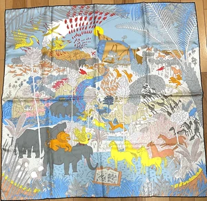 HERMES Le Carnaval des Animaux Carre 90 100% Silk Scarf Blue Multi-color #y5044 - Picture 1 of 13