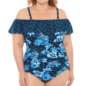 Swim Solutions HIDEAWAY NAVY Ruffled Off Shoulder One-Piece Swimsuit Size 24W - Picture 1 of 5