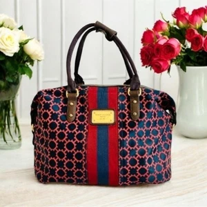 Women’s Bag TOMMY HILFIGER Tote Brown Blue Red Stripe Satchel Bag Canvas Handbag - Picture 1 of 7