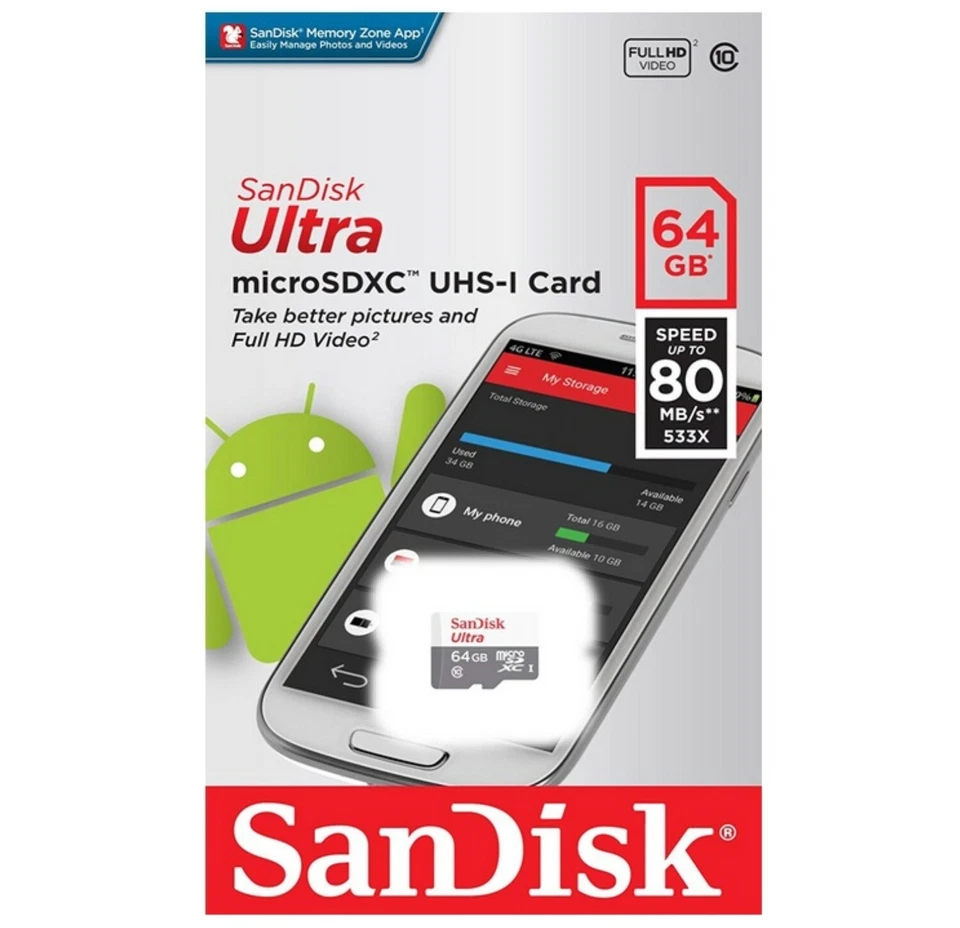 SanDisk Ultra 64Go Classe 10 UHS-I microSDXC Carte Mémoire (SDSQUNB-064G-GN3MN)