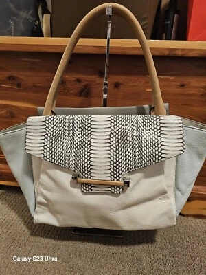 VINCE CAMUTO "Julia" White & Aqua Ice Pebbled Snakeskin Leather Shoulder Bag - Image 1 of 4