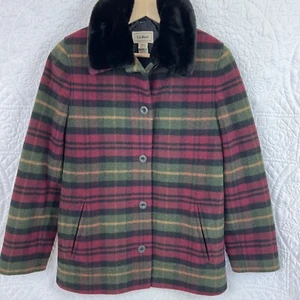 LL Bean Wool Coat Jacket Removable Faux Fur Collar Plaid Womens Regular XS - Picture 1 of 15
