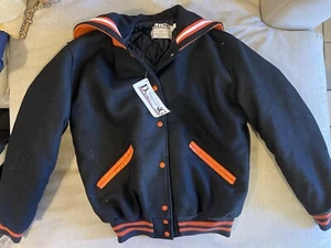Vtg DeLong Varsity Jacket Mens Medium Letterman Wool Black Orange NWT - Picture 1 of 4