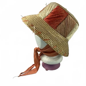 Vintage 60er Jahre gewebter Stroh Sonnenhut mit orangem Schal Krawatte - Bild 1 von 12