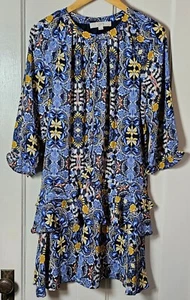 Loft Dress Women MP Blue Yellow Floral Tiered Ruffle Peasant Henley Cottagecore - Picture 1 of 23