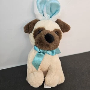 Walmart PUG Puppy Dog w/Bunny Ears 10in Plush Teal Blue Satin Bow Shimmery Ears - Picture 1 of 9