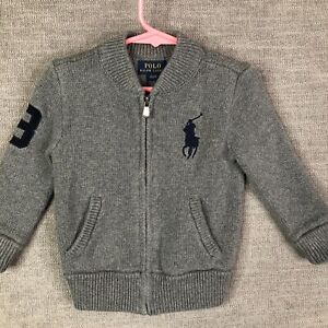 Polo Ralph Lauren Sweater Boys 2 2T Toddler Gray Cardigan Big Pony Full Zip Knit