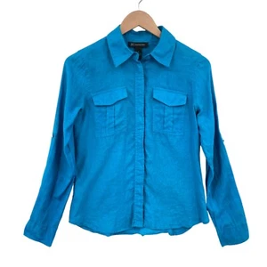INC International Concepts Button Up Shirt Womens Size 0 Blue Linen Long Sleeve - Picture 1 of 20