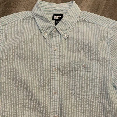 Lands End Shirt Mens Size XL Aqua Striped Seersucker Short Sleeve Button Down - Image 1 of 4