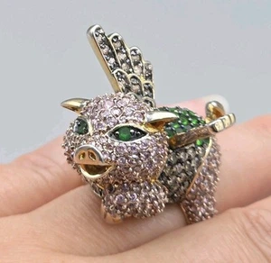 Stunning NOIR Pave CZ Flying Pig Pink / Green Yellow Gold Plated Ring Adorable! - Picture 1 of 16