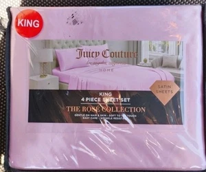 JUICY COUTURE 4-Piece Light-Pink Satin Sheet Set - King - The Rosé Collection - Picture 1 of 3