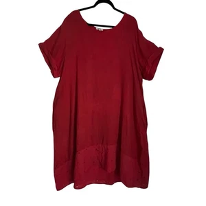 Rosemarine Sx 3X Red Linen Midi Dress Eyelet Hemline Boho Peasant Lagenlook - Picture 1 of 9
