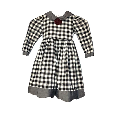 Laura Ashley Black Gingham Gathered Full Dress Lined Long Sleeve Tie Girls 4 - Image 1 of 4