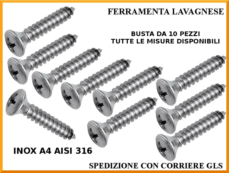 Viti autofilettanti inox A4 AISI 316 testa goccia sego DIN 7983 busta 10 pezzi - Immagine 1 di 1
