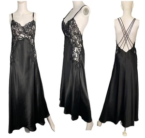 90s Vtg Y2k Victorias Secret Strappy Maxi Slip Dress Nightgown lace Large Black - Picture 1 of 15