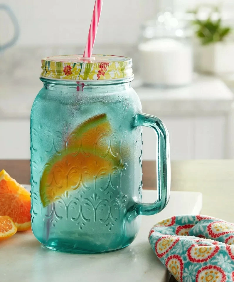The Pioneer Woman Sunny Days 32oz Mason Jar With Handle Lid & Straw Teal