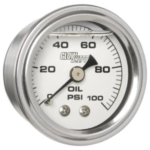 GlowShift Mechanical 100 PSI Oil Pressure Gauge Liquid Filled 38mm White Dial - Picture 1 of 5
