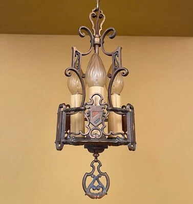 Vintage Lights  1920s Spanish Revival PAIR high quality BRONZE foyer chandeliers - Image 1 of 4