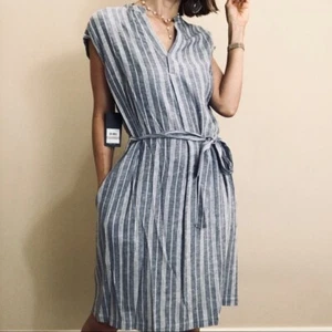 Jones New York Belted Linen-Blend Shirtdress Blue White Stripe Pockets 14 NWT$80 - Picture 1 of 8