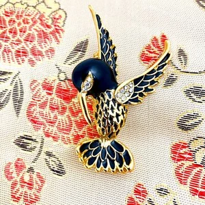 Black Enamel Hummingbird Vintage Brooch with Rhinestones and Brocade Bag - Picture 1 of 11