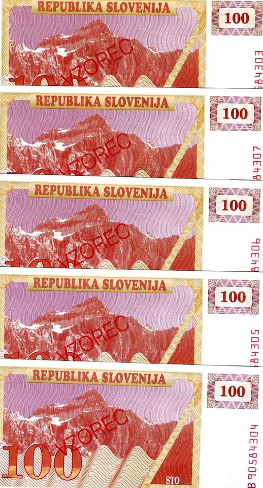 LOT SPECIMEN, Slovenia, 5 x 100 (Tolarjev), 1990, P-6s1, UNC - Image 1 of 1
