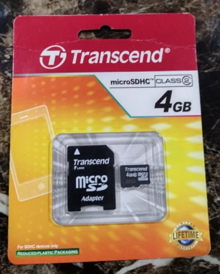 Transcend 4 GB microSDHC Class 2 Flash Memory Card with Adapter TS4GUSDHC2 ~ NEW - Image 1 of 2