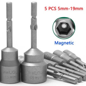 5pcs 5 -19mm Round Shank Nut Driver Bit Set Hex Magnetic Metric Socket - Picture 1 of 36