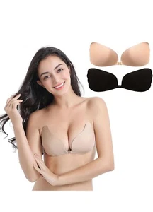 Sticky Bra 2 Pk Beige & Black Reusable C cup Strapless Backless Push Up - Picture 1 of 6
