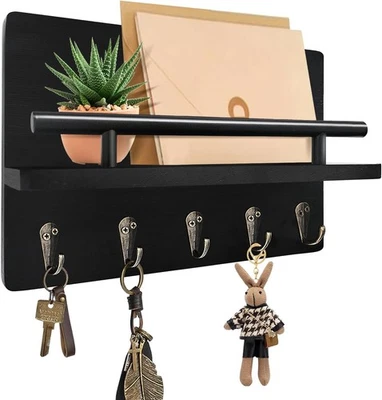 Key Holder Wall Mount Rustic Rack with Shelf 5 Hooks Wooden Organizer - Image 1 of 4