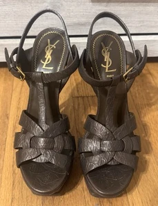 Yves Saint Laurent YSL Bronze Brune Tribute Sandals Heels Sz 38 / US 8 - Picture 1 of 7