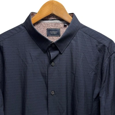 7 бриллиантов мужской размер XL темно-синий геометрический 4 пути эластичной Flip манжеты L/S рубашка euc - Изображение 1 из 4