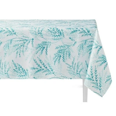 Maiden Hair Fabric Tablecloth White Teal Botanical Leaves 52" x 70" Kitchen Gift - Image 1 of 4