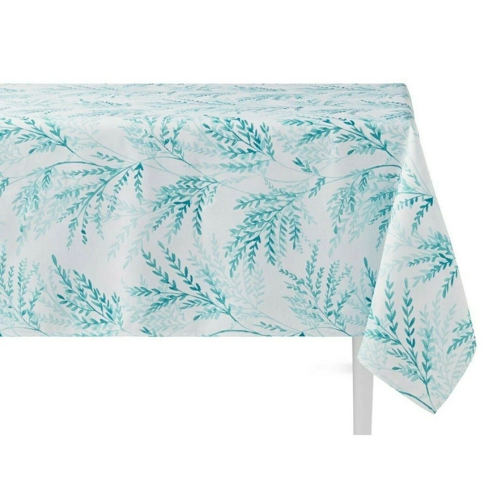 Maiden Hair Fabric Tablecloth White Teal Botanical Leaves 52" x 70" Kitchen Gift - Image 1 of 4