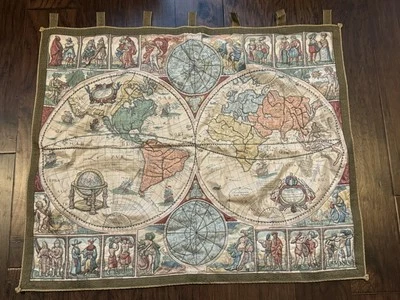 Vintage Wall Hanging Antique French World Map, rope edge, Quilted accents *READ* - Image 1 of 4