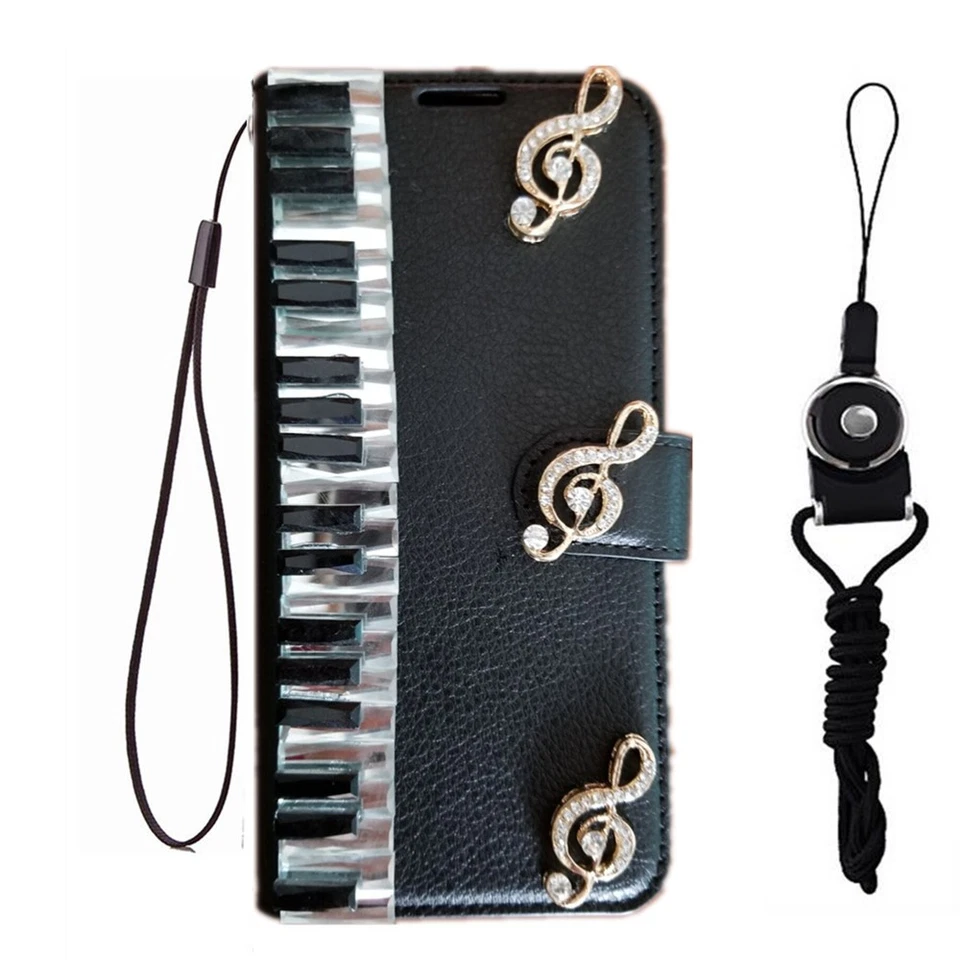 Bling Diamonds piano keys music note PU leather wallet flip Case + 2 Lanyards - Image 1 of 4