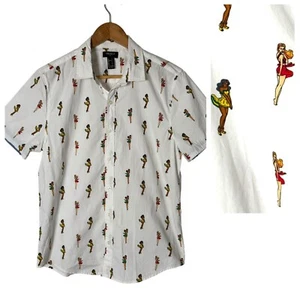 Forever 21 Pin Up Girl Novelty Print Button Up Shirt Men Size S White Retro - Bild 1 von 11