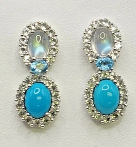 Genuine Natural MoonstoneTurquoise, White & Blue Topaz Sterling Silver Earrings - Picture 1 of 5