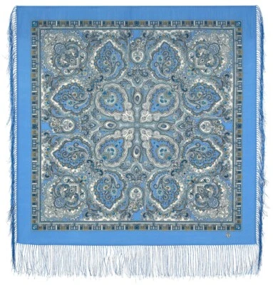 Russian Gold Blue Pavlovo Posad Wool Shawl with Silk Fringe 35x35 Русский Платок - Image 1 of 2