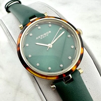 Akribos XXIV Women's Tortoise Bezel Green Dial Leather, New Battery - Image 1 of 4