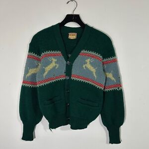 Vintage 40s 50s McGregor Deer Print Wool Cardigan Sweater Mens SZ XS Reindeer B6