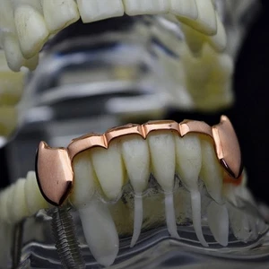 Colmillos de vampiro media parrilla enchapados en oro rosa de 14 k barra inferior delgada colmillo inferior dientes - Imagen 1 de 7