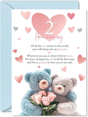 2Nd Anniversary Card for Men Women - Teddy Bear Roses - Happy 2 Year Anniversary - Image 1 of 4